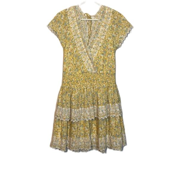 American Eagle Yellow Ditsy Floral Linen Blend Embroidered Tiered Party Dress L - Picture 1 of 8